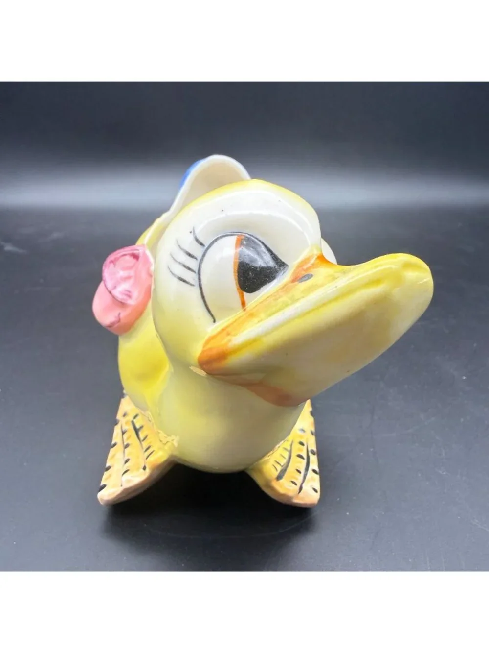 Vintage Duck Planter Ceramic Pottery Big Side Eyes Kitsch Nursery Decor Yellow
